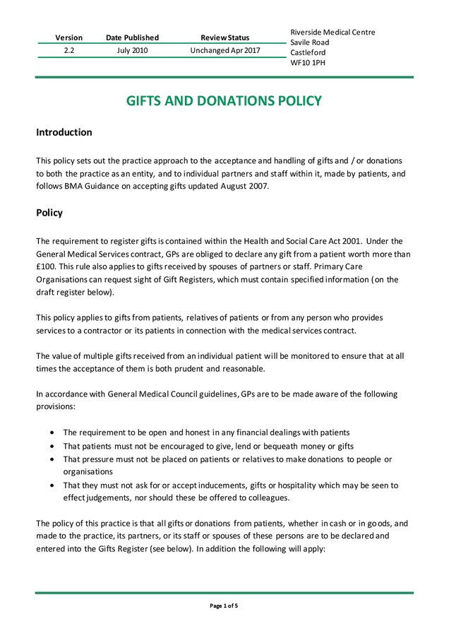 Gifts and donations policy in Word and Pdf formats