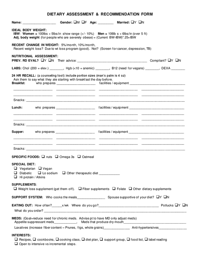 Dietary assessment & recommendation form in Word and Pdf formats