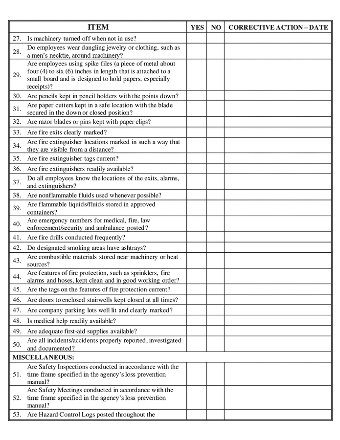 Sample safety inspection checklist in Word and Pdf formats - page 2 of 3