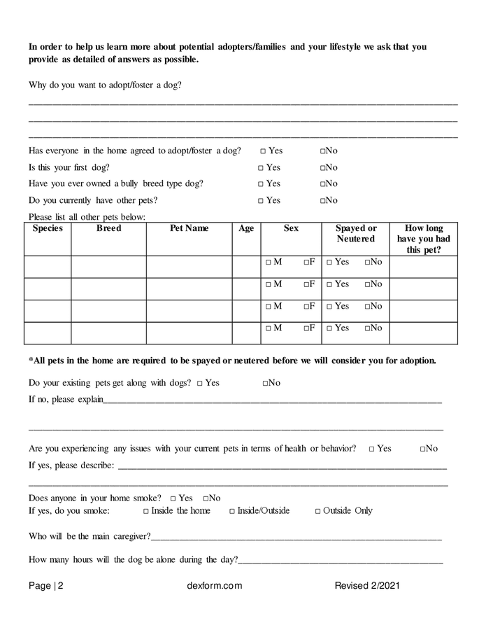 Sample adoption/foster application form in Word and Pdf formats page
