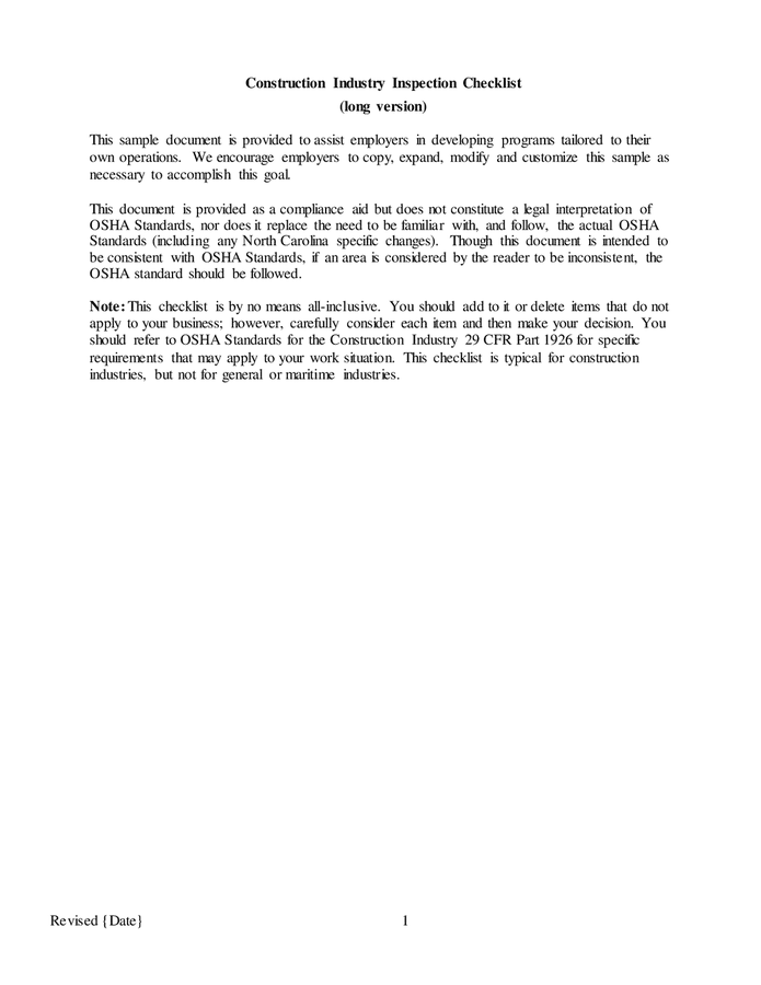 Construction industry inspection checklist in Word and Pdf formats
