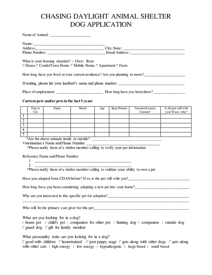 Animal Shelter Dog Application Form In Word And Pdf Formats