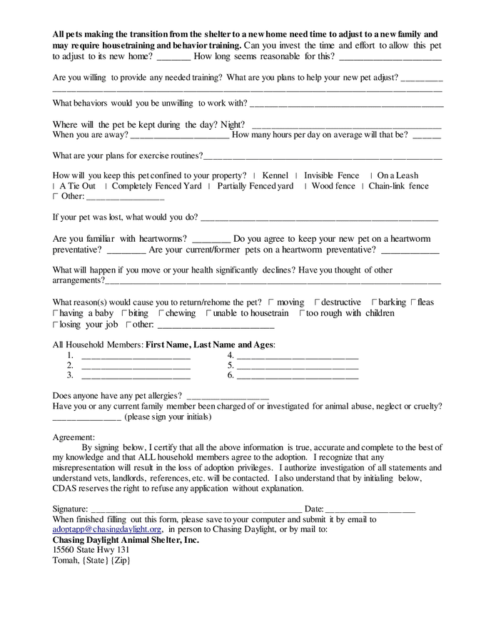 Animal shelter dog application form in Word and Pdf formats - page 2 of 2