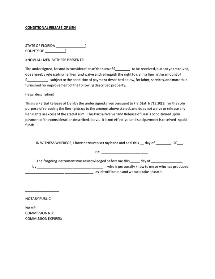 Conditional Release Of Lien Form Florida In Word And Pdf Formats 8273