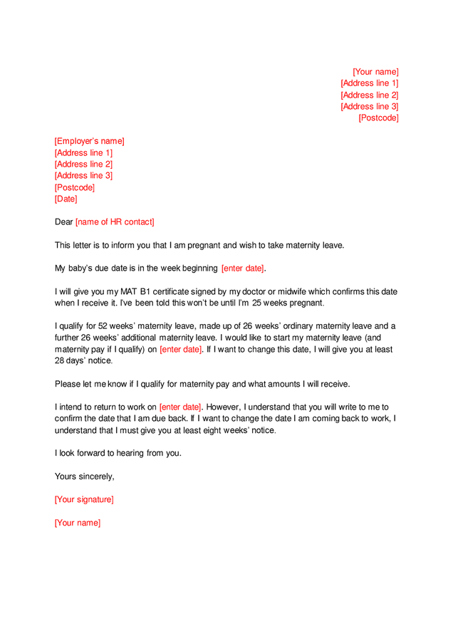 Letter For Maternity Leave To An Employer In Word And Pdf Formats