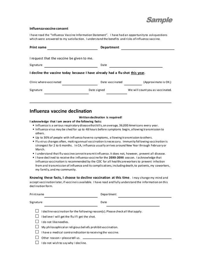 Influenza Consent Form For Word Printable Medical Forms Letters Sheets ...