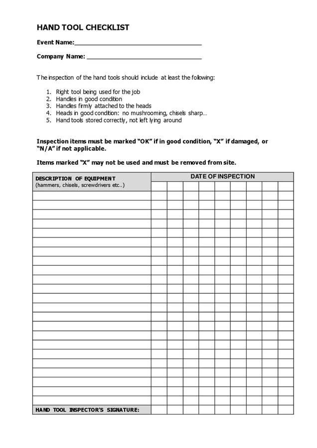 Hand tool checklist in Word and Pdf formats