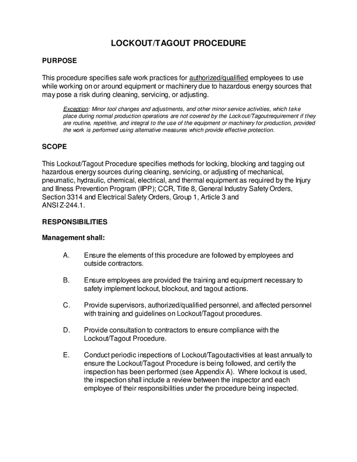 Sample Lockout tagout Procedure Form In Word And Pdf Formats Sample Lockout tagout Procedure Form In Word And Pdf Formats