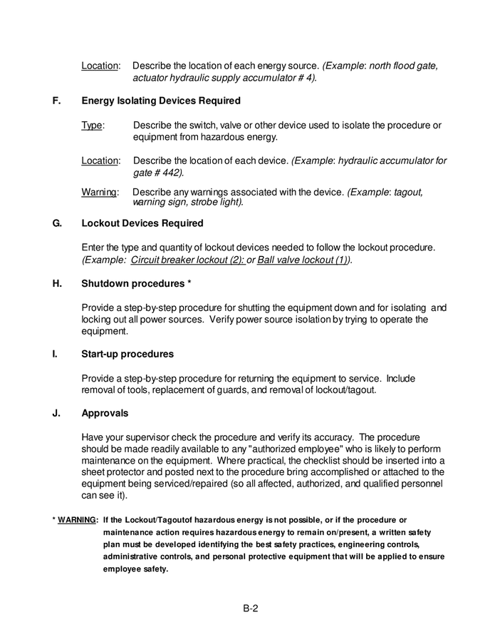 Sample lockout/tagout procedure form in Word and Pdf formats page 11