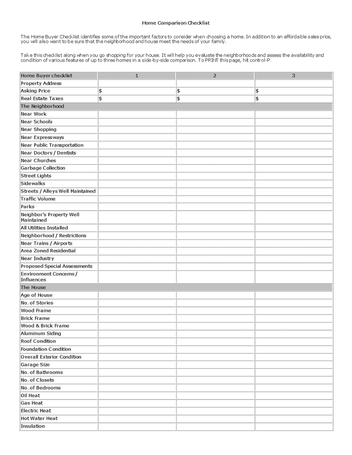 Home comparison checklist in Word and Pdf formats