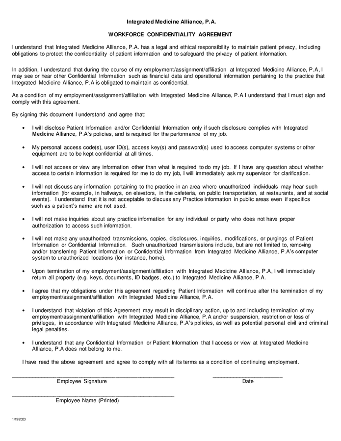 Sample workforce confidentiality agreement in Word and Pdf formats