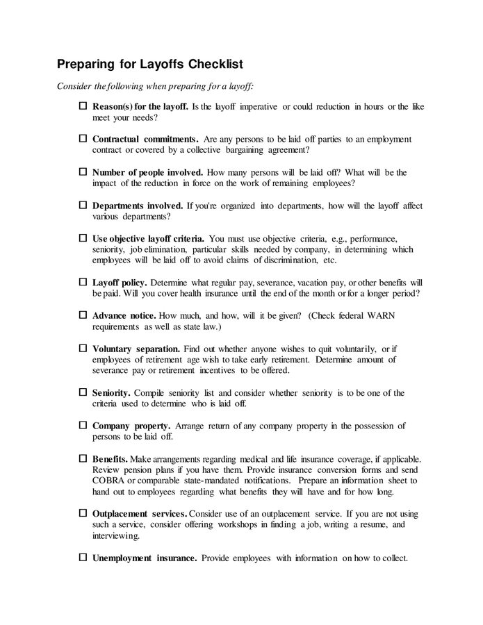Preparing for layoffs checklist in Word and Pdf formats