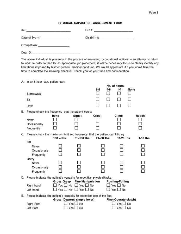 Physical Capacities Assessment Form In Word And Pdf Formats 9100