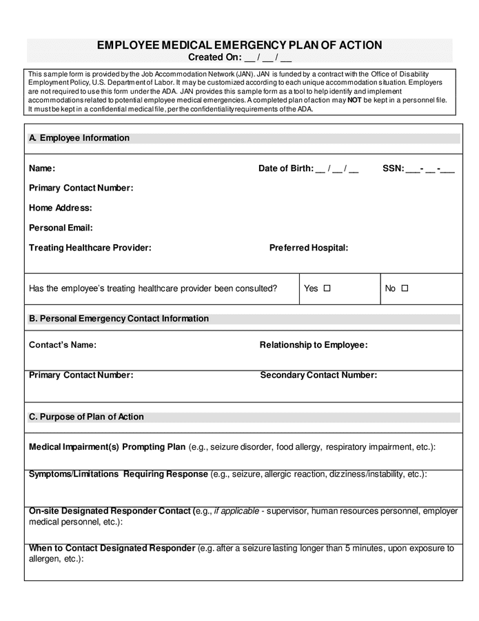 Employee medical emergency plan of action in Word and Pdf formats