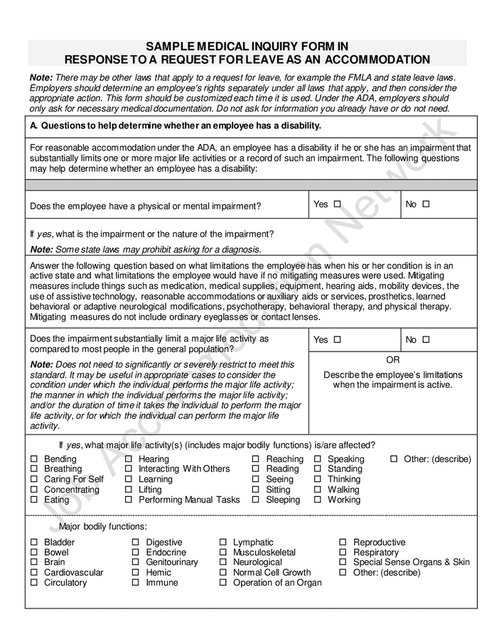 Sample medical inquiry form in response to a request for leave as an ...