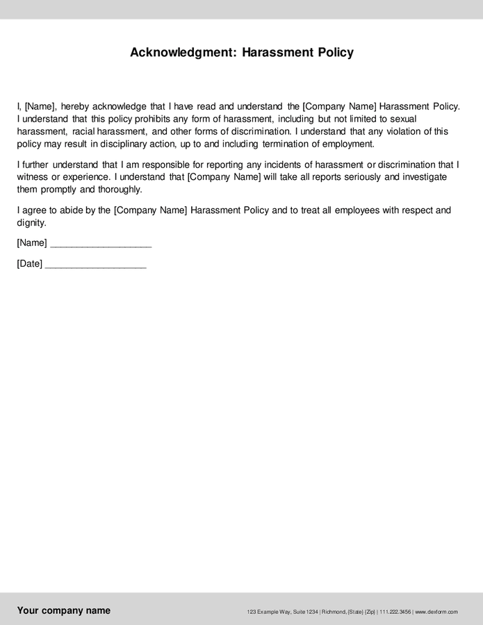 Harassment Policy Acknowledgment In Word And Pdf Formats
