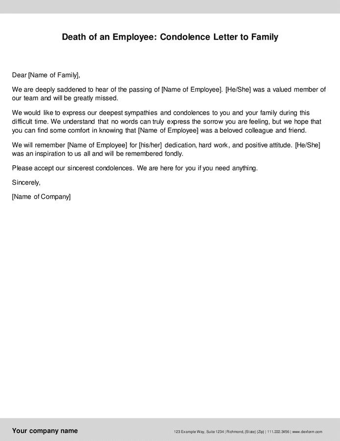 Death Of An Employee Condolence Letter To Family In Word And Pdf Formats