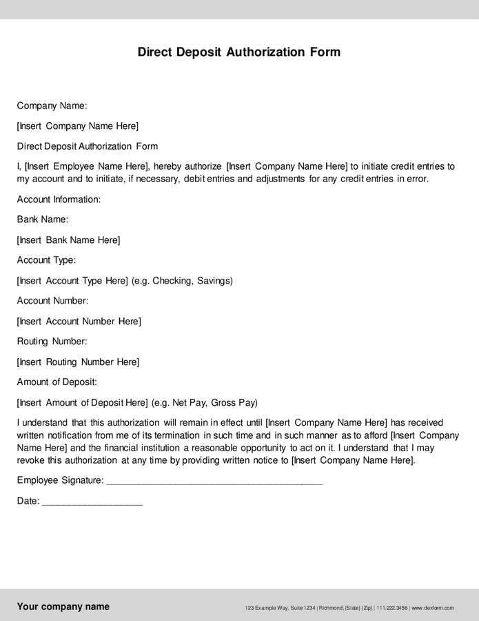 Direct deposit authorization form in Word and Pdf formats