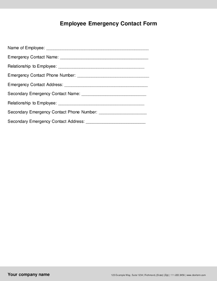 Employee emergency contact form in Word and Pdf formats