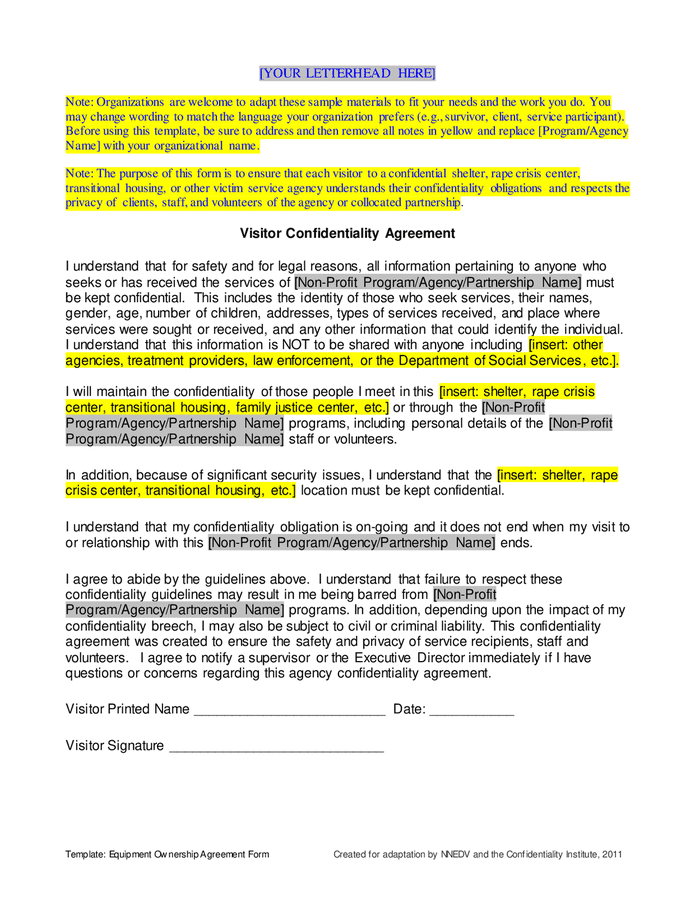 Visitor confidentiality agreement in Word and Pdf formats