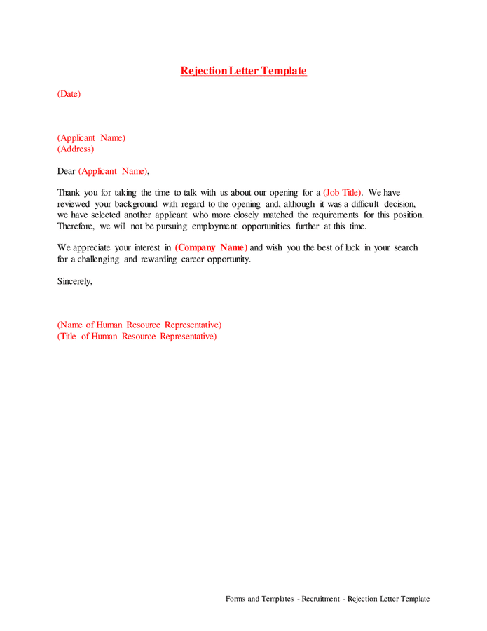 Rejection Letter Sample - download free documents for PDF, Word and Excel