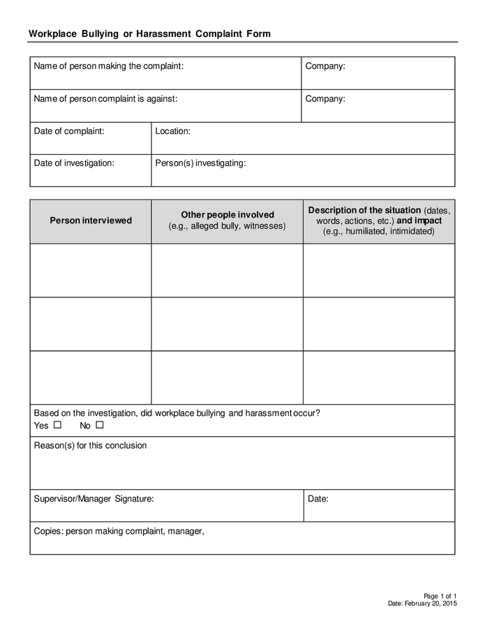 Workplace bullying or harassment complaint form in Word and Pdf formats