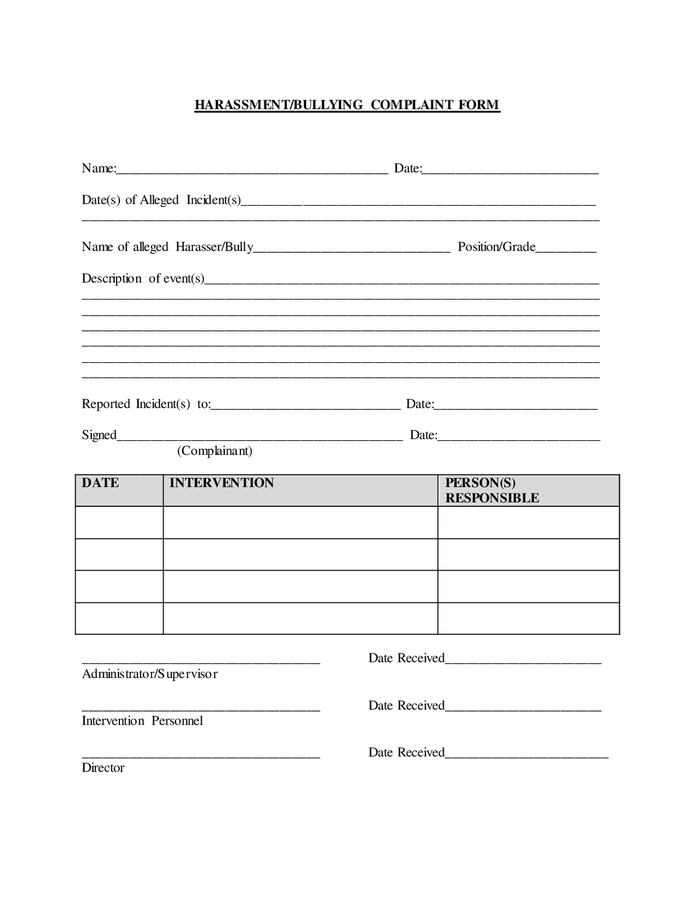 Harassment Bullying Complaint Form In Word And Pdf Formats 9948