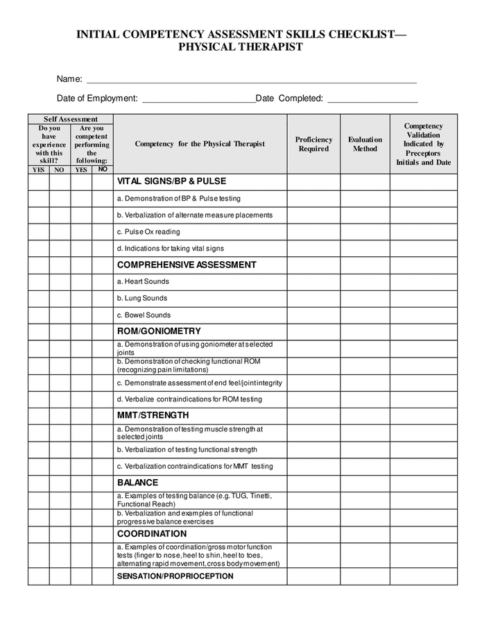 Competency assessment skills checklist physical therapist in Word and