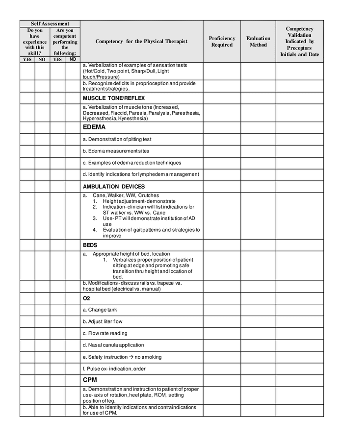 Competency assessment skills checklist - physical therapist in Word and ...