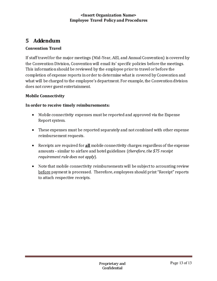 Employee travel policy and procedures in Word and Pdf formats page 13