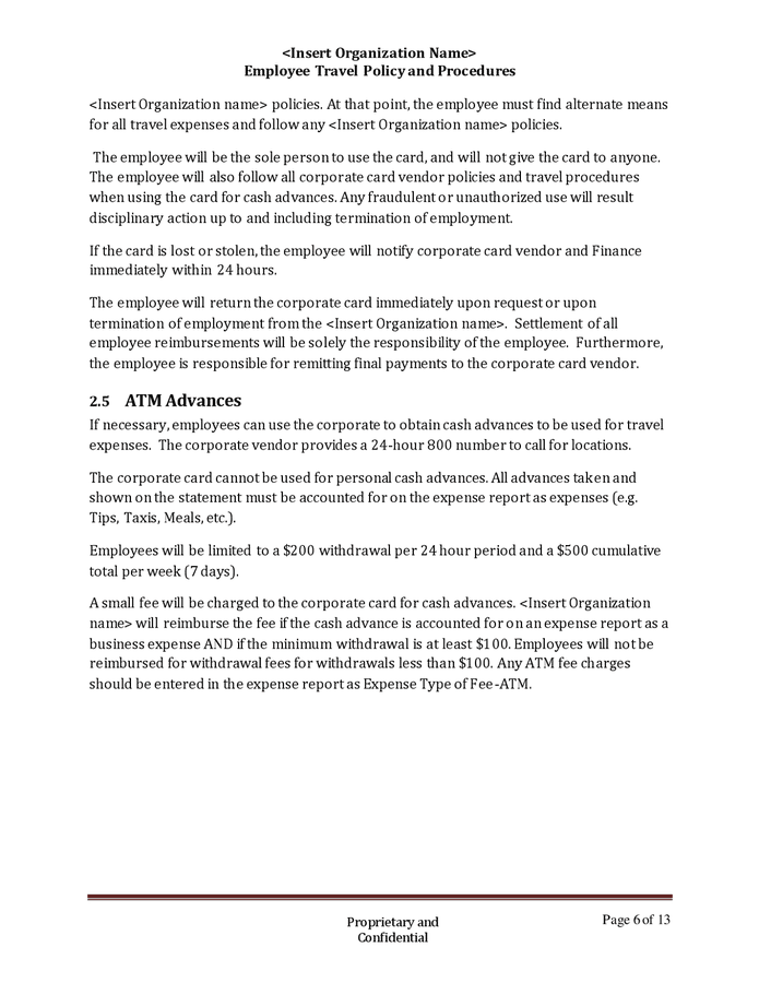 Employee travel policy and procedures in Word and Pdf formats page 6