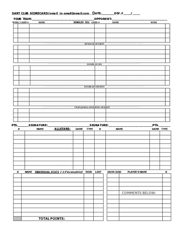 Dart club scorecard in Word and Pdf formats