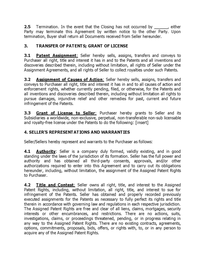 Patent purchase agreement in Word and Pdf formats page 2 of 8