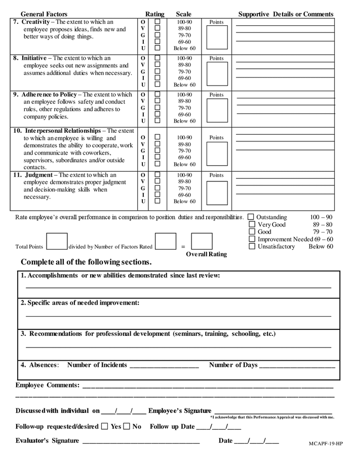 Performance appraisal form in Word and Pdf formats - page 2 of 2