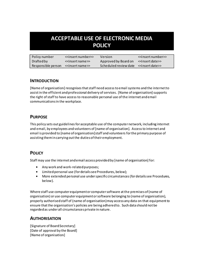 Acceptable use of electronic media policy in Word and Pdf formats