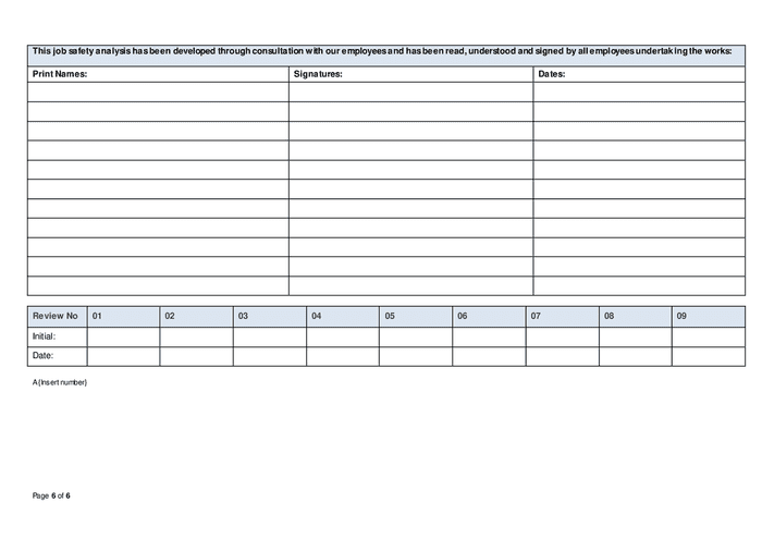 Job safety analysis (JSA) template in Word and Pdf formats - page 6 of 6