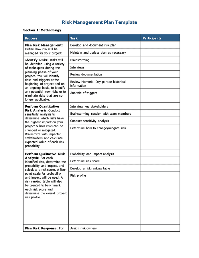 Risk management plan template in Word and Pdf formats