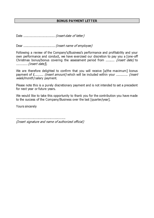 Bonus Payment Letter In Word And Pdf Formats