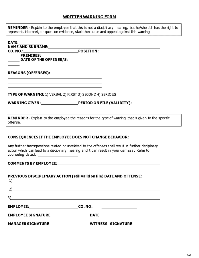 Employee Written Warning Form In Word And Pdf Formats 3911