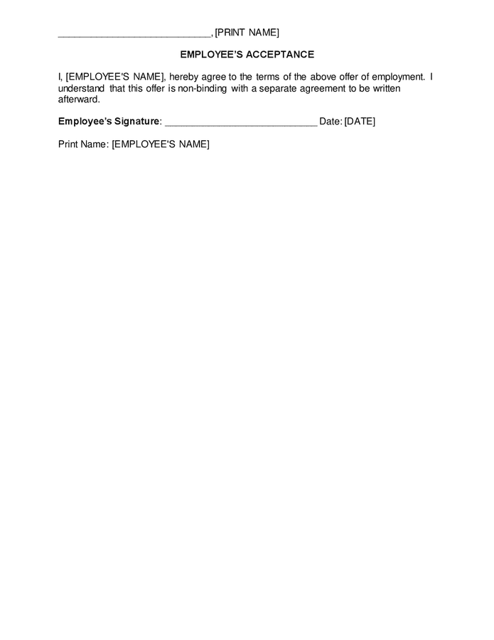 Employment job offer form in Word and Pdf formats - page 2 of 2
