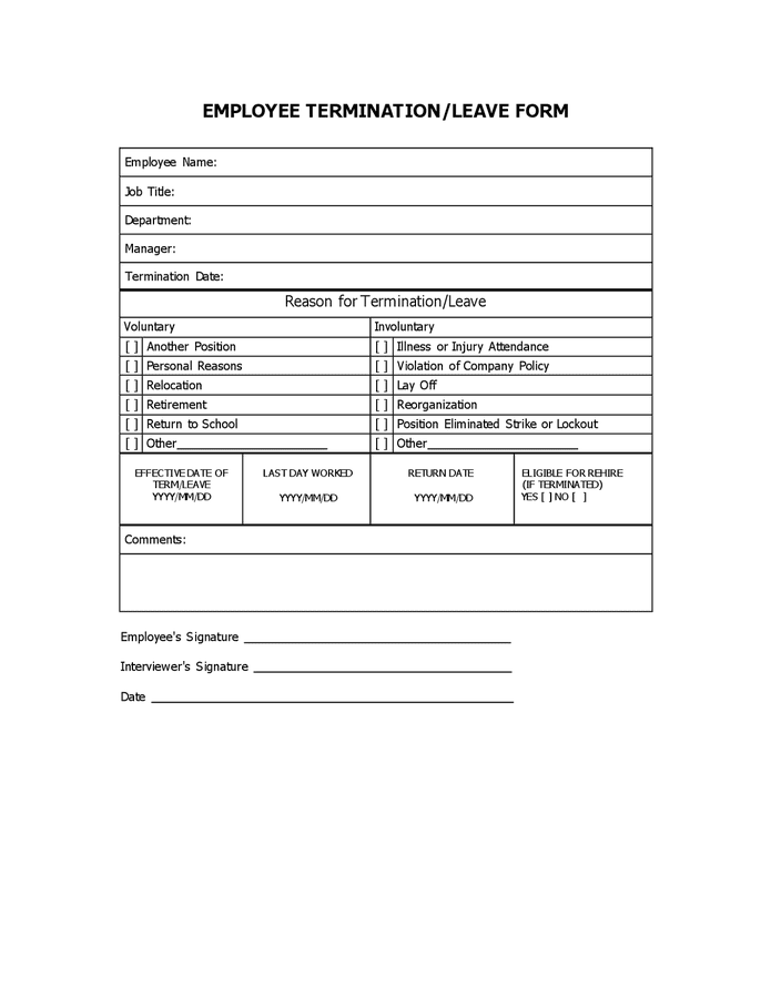 Employee termination / leave form in Word and Pdf formats