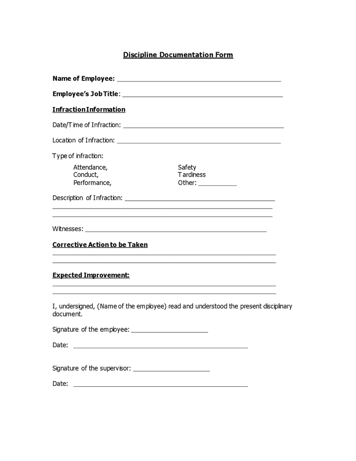 Discipline documentation form in Word and Pdf formats