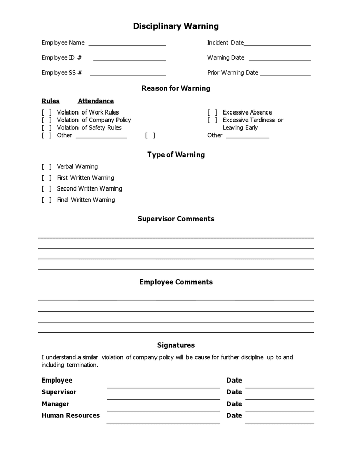 Disciplinary warning form in Word and Pdf formats