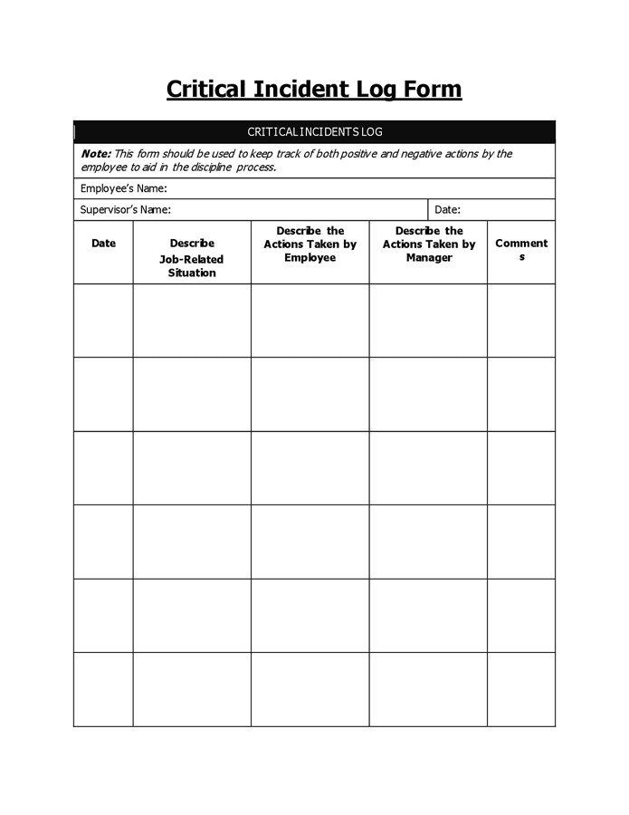 Critical incident log form in Word and Pdf formats