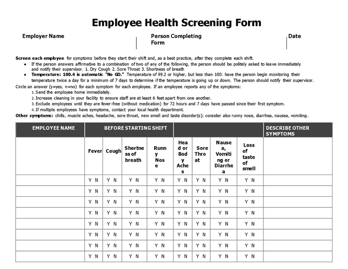 Employee health screening form in Word and Pdf formats