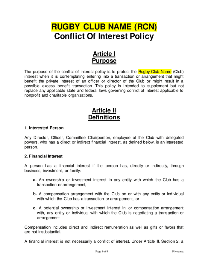 Conflict of interest policy (rugby club) in Word and Pdf formats
