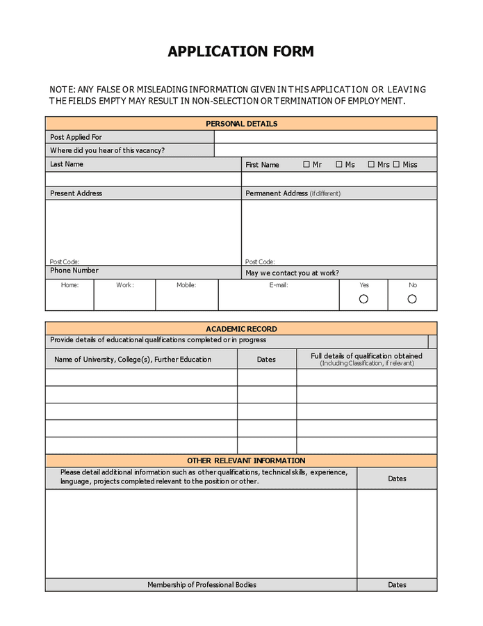 Job application form in Word and Pdf formats