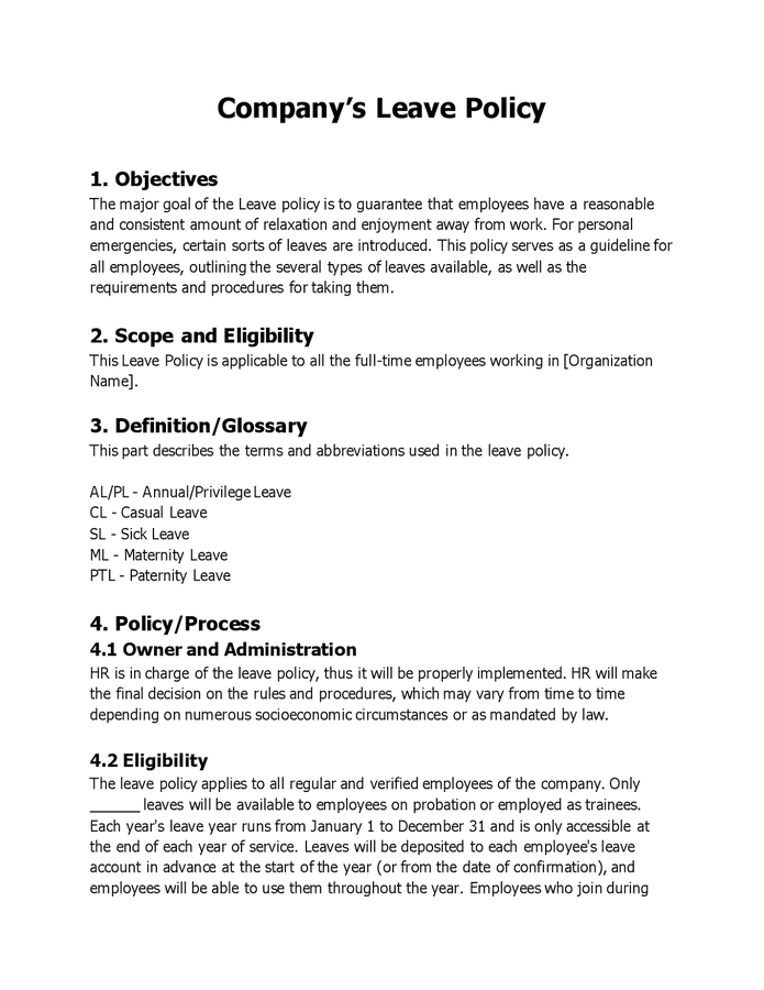 Company's leave policy in Word and Pdf formats