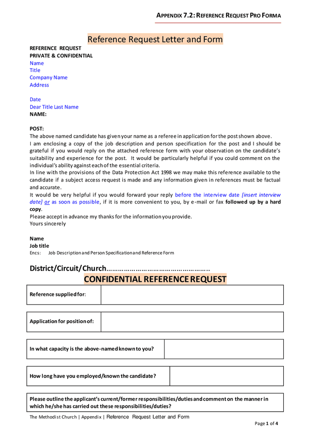 Reference request letter and form (Methodist church) in Word and Pdf ...