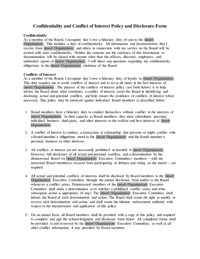 Confidentiality and conflict of interest policy and disclosure form in ...